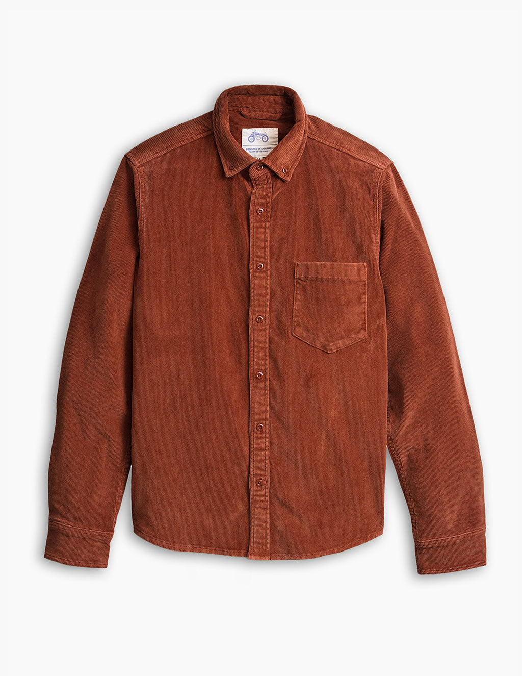 Rust corduroy long-sleeve button-up shirt with chest pocket and button-down collar