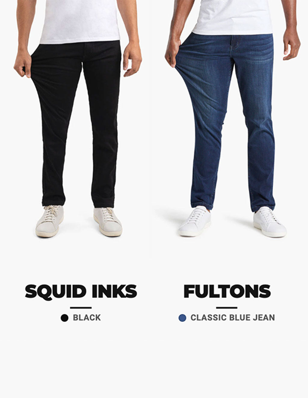 Front view of Essentials 2-pack jeans: black Squid Inks and classic blue Fultons on white background showing fabric stretch
