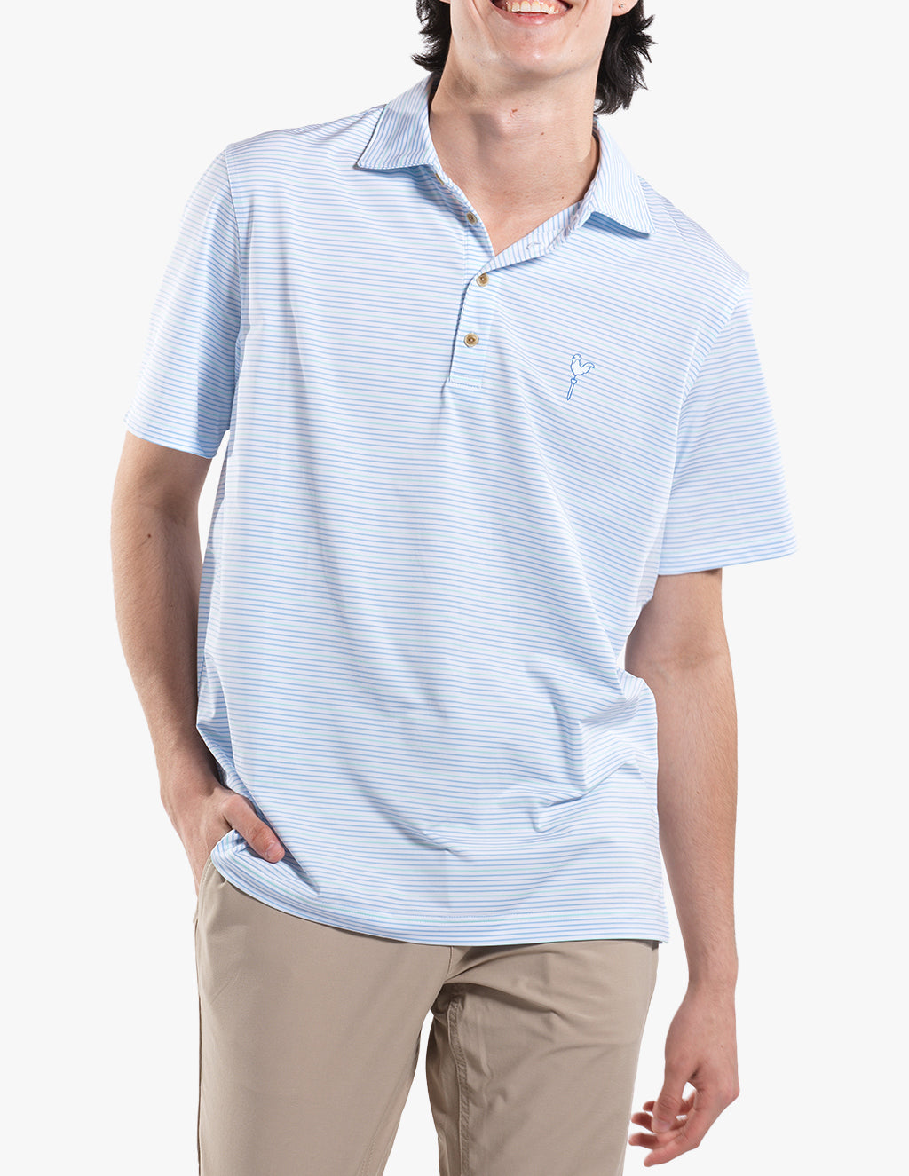 Light blue and green striped polo shirt with a logo, model wearing it