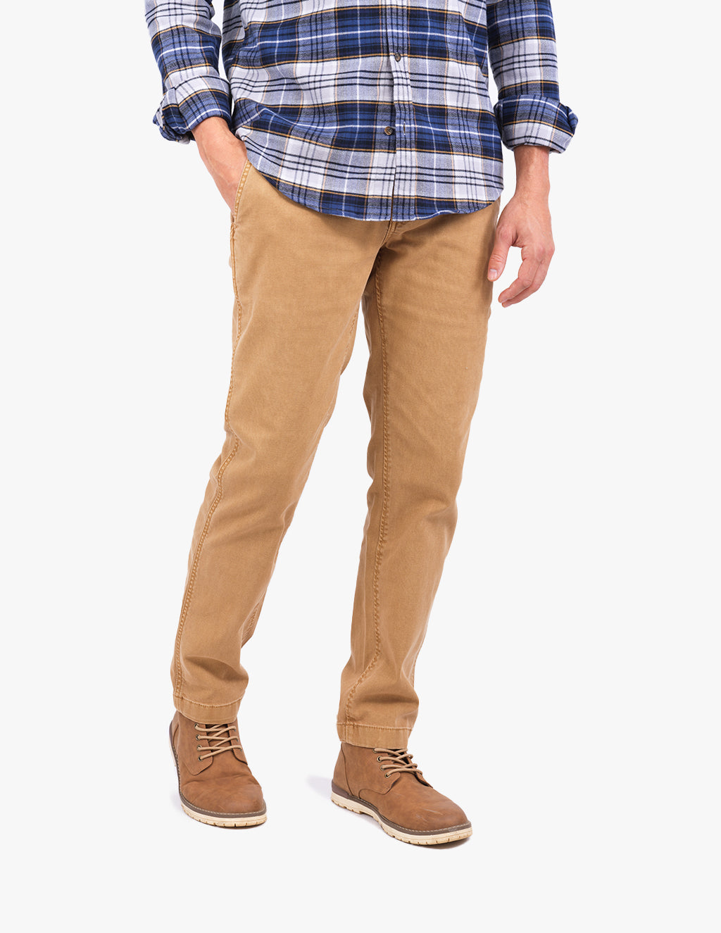 Men's tan straight-fit pants and brown lace-up boots, lower torso and legs shown with blue plaid shirt.