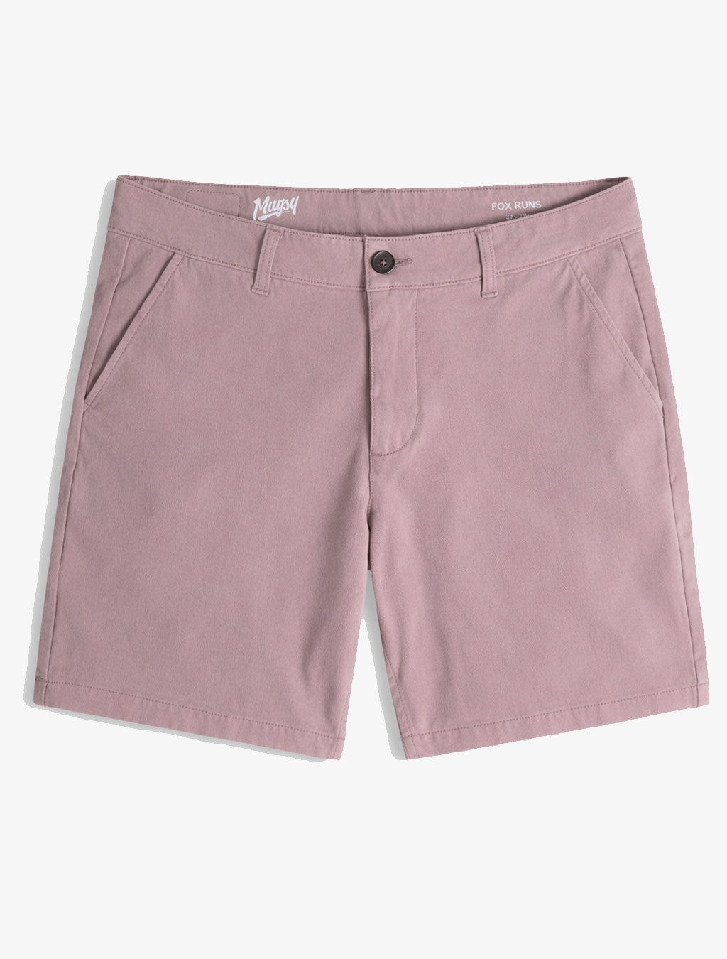 Flat lay of Chino Shorts in Fox Runs dusty rose showcasing front pockets, belt loops, and button closure on white background