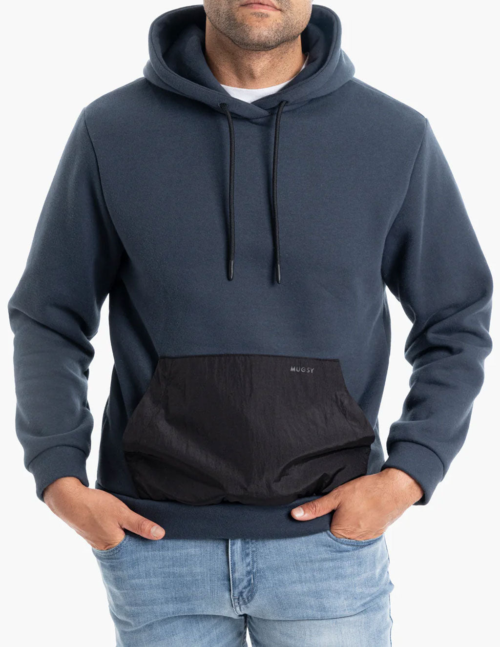 Model wearing a navy Frostbites hoodie with a black pocket.