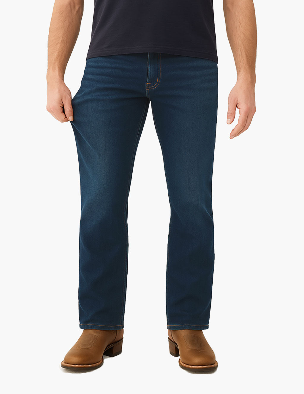 Model wearing Fultons Bootcut jeans in dark blue with brown boots