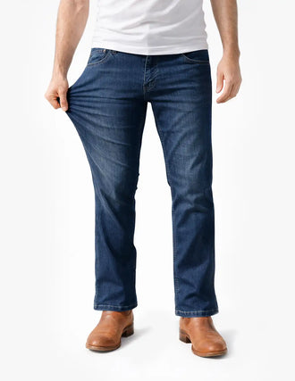 Front view of Fultons Bootcut jeans, classic blue wash, bootcut fit on model, showing stretch fabric against white background