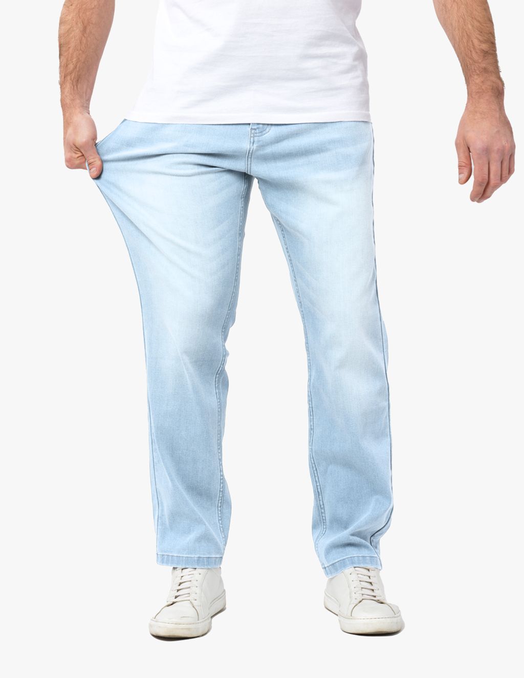 Model wearing light-wash Grands Casual jeans