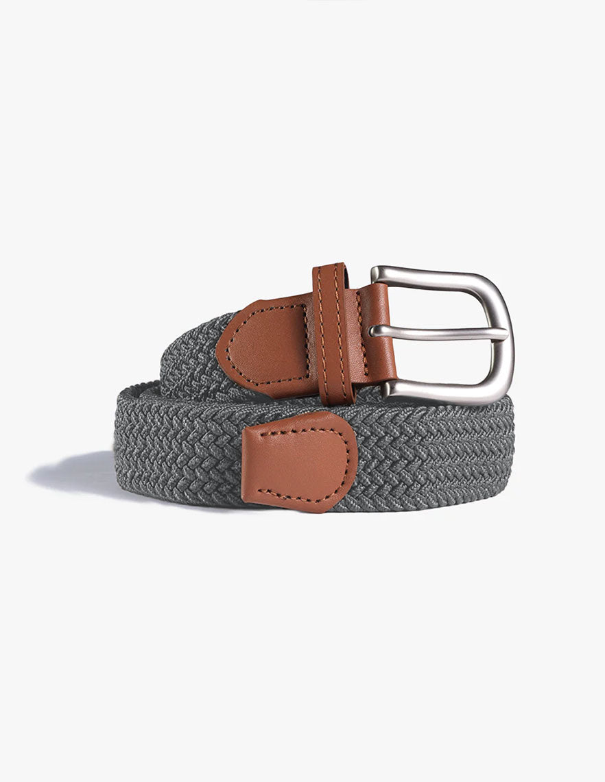 Gray stretch woven belt with a silver buckle and brown leather accents