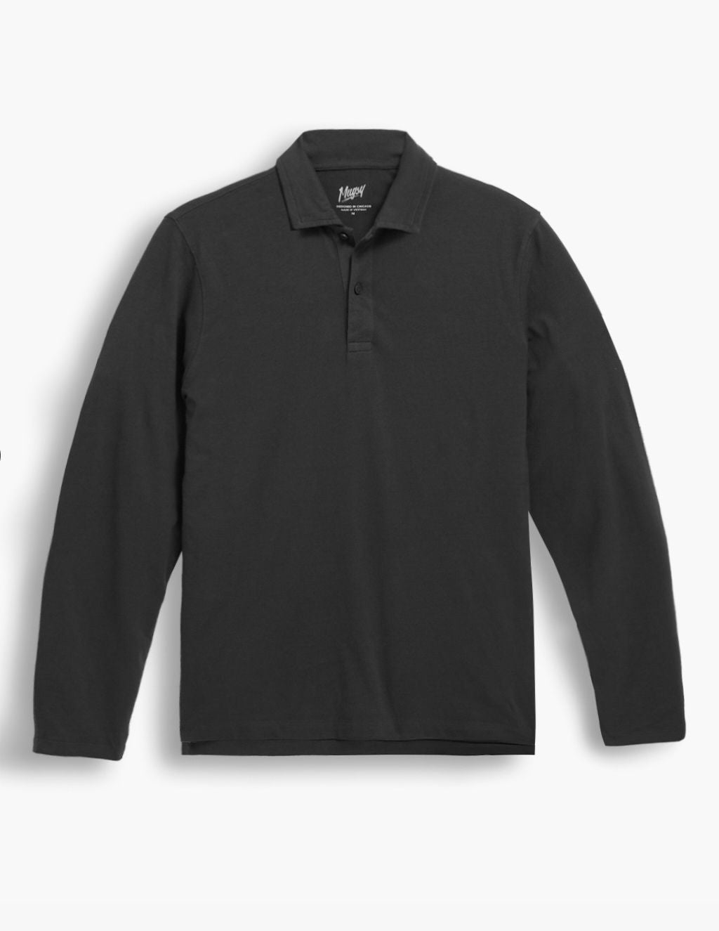 Dark-grey long-sleeve polo shirt with three-button placket and flat collar, laid flat on white background