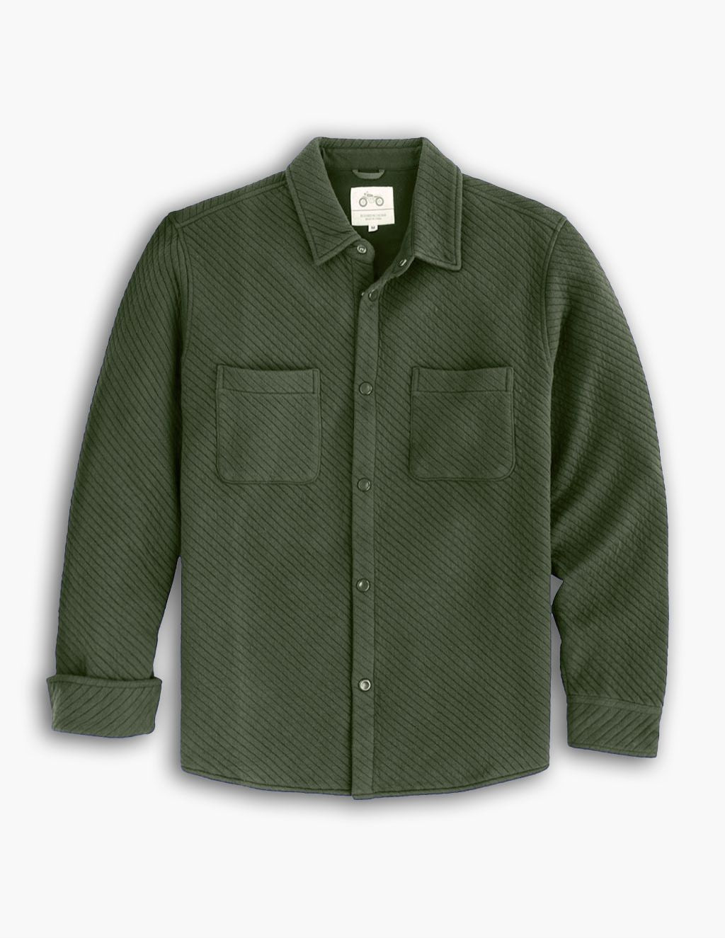 Front flat lay of Huntsmans Diamond Knit Shacket with diagonal quilted texture, button front and two chest pockets on white