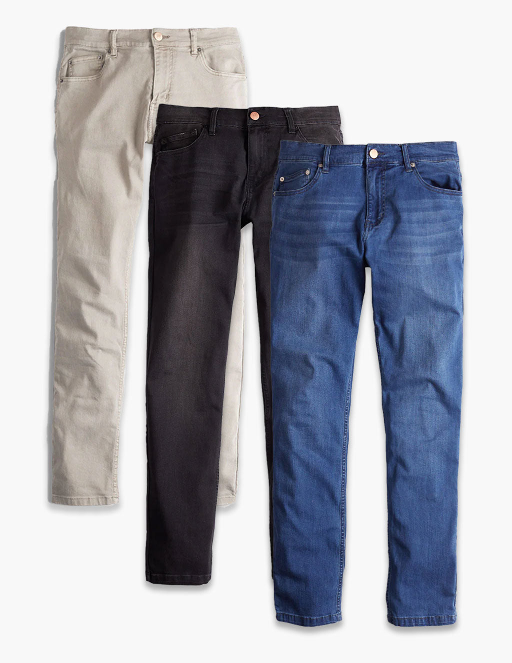 Flat lay of Versatile Jeans 3-pack showing front view of medium blue, dark gray, and khaki jeans on white background