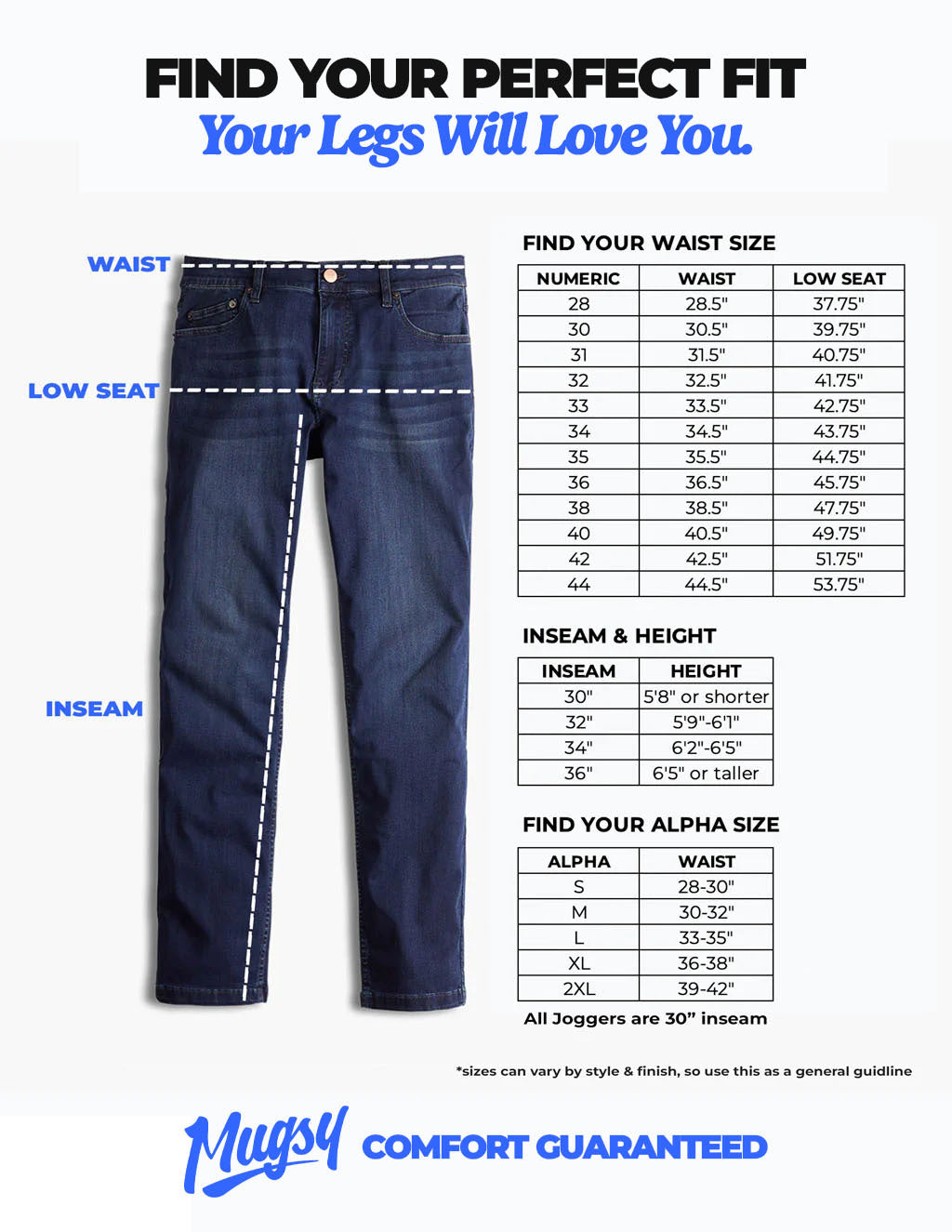 Jeans with measurement guides for waist, low seat, and inseam, alongside size charts for numeric, inseam, and alpha sizes.