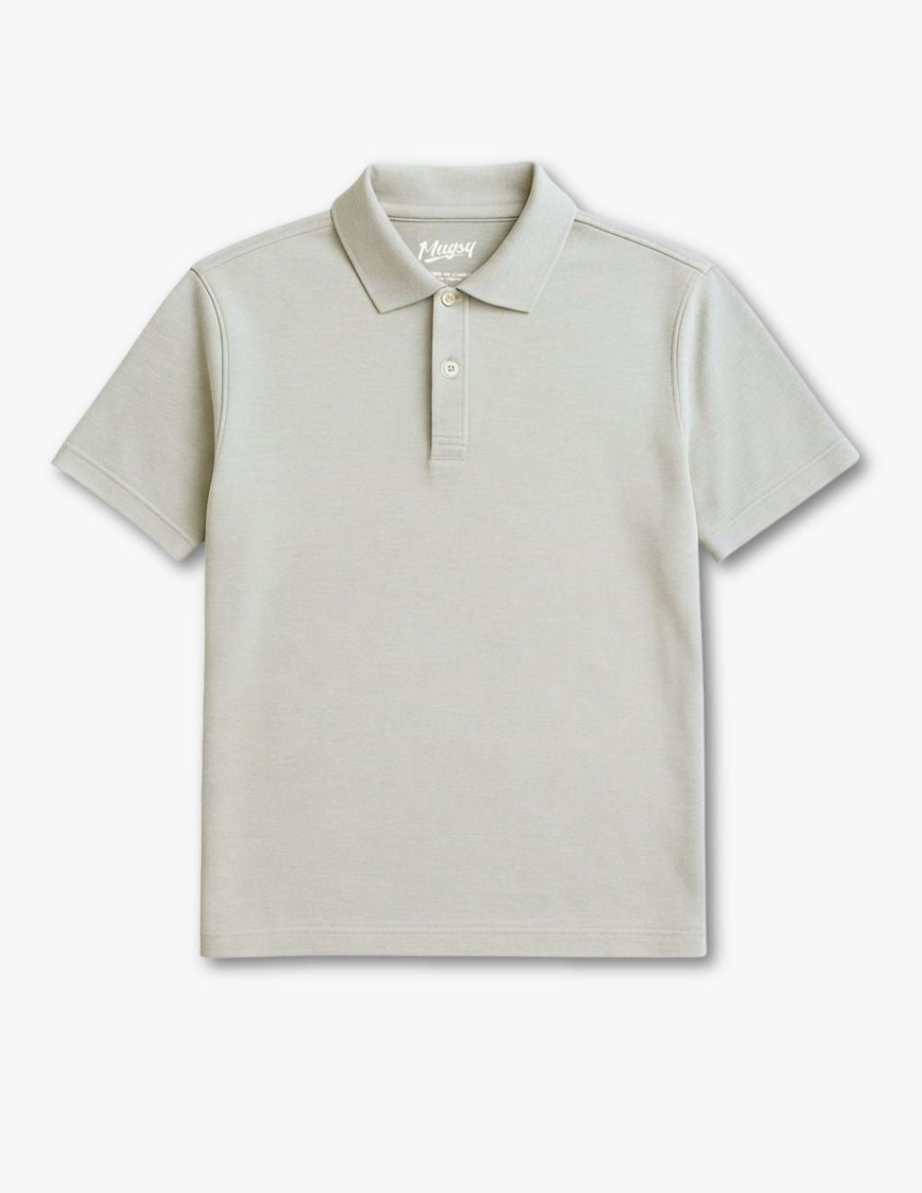 Light gray-beige short-sleeve polo shirt with two-button placket and 'Mugsy' label at collar