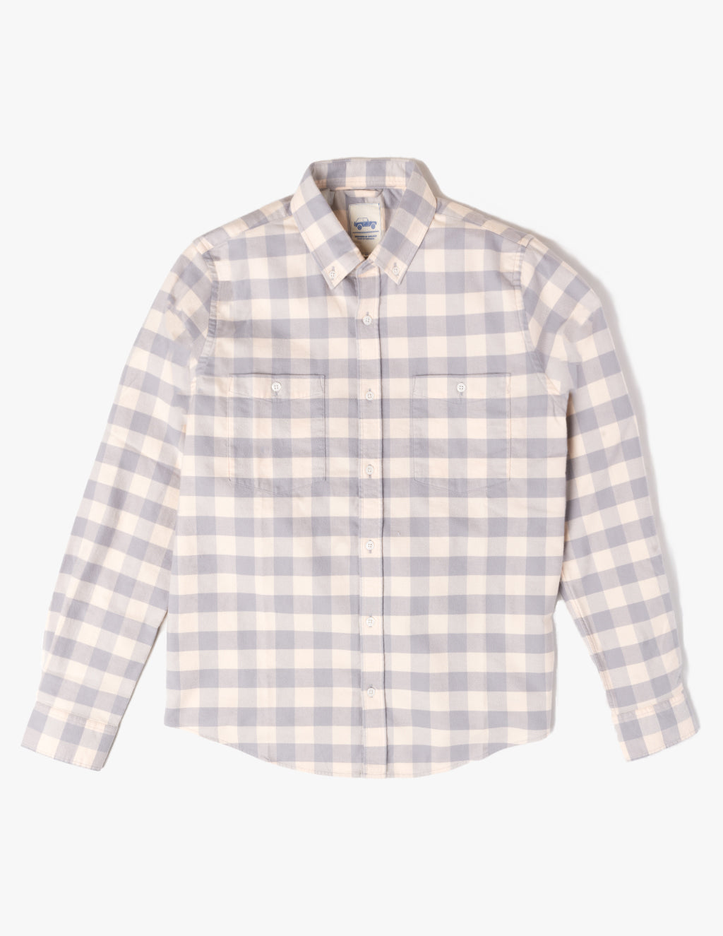Checkered long-sleeve button-up shirt in light gray and white