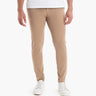 Front view of Belmonts Tapered chinos showing slim tapered fit in camel on model against white background