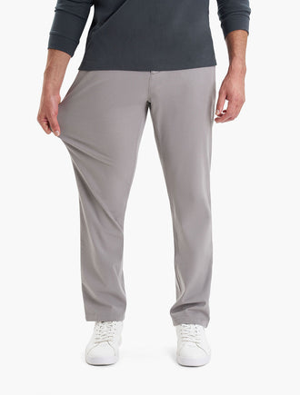 Front view of Damens Casual chinos in gray showing stretch fabric and relaxed fit on model against white background