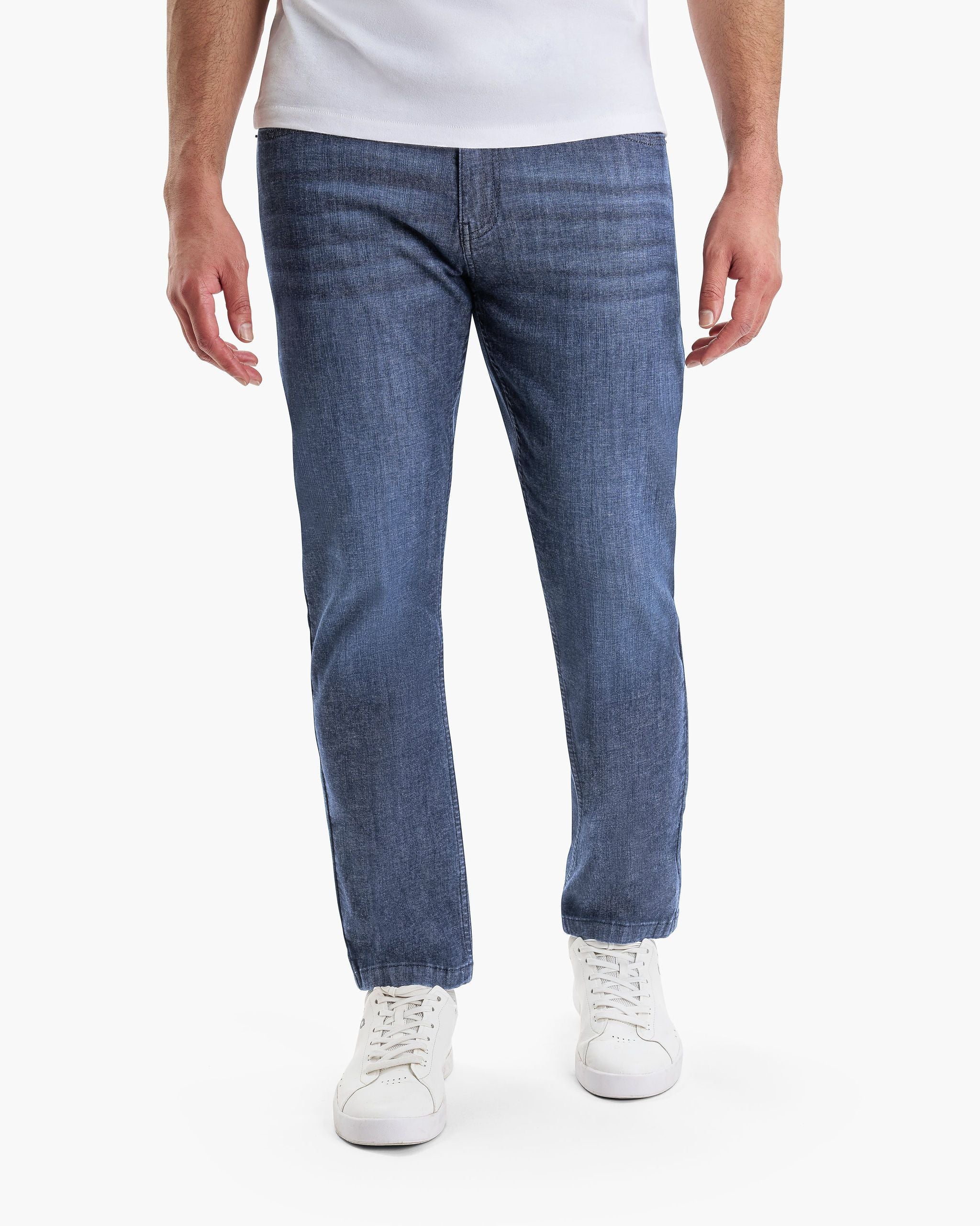 Model wearing Fultons Coolmax jeans, showing fit and style.