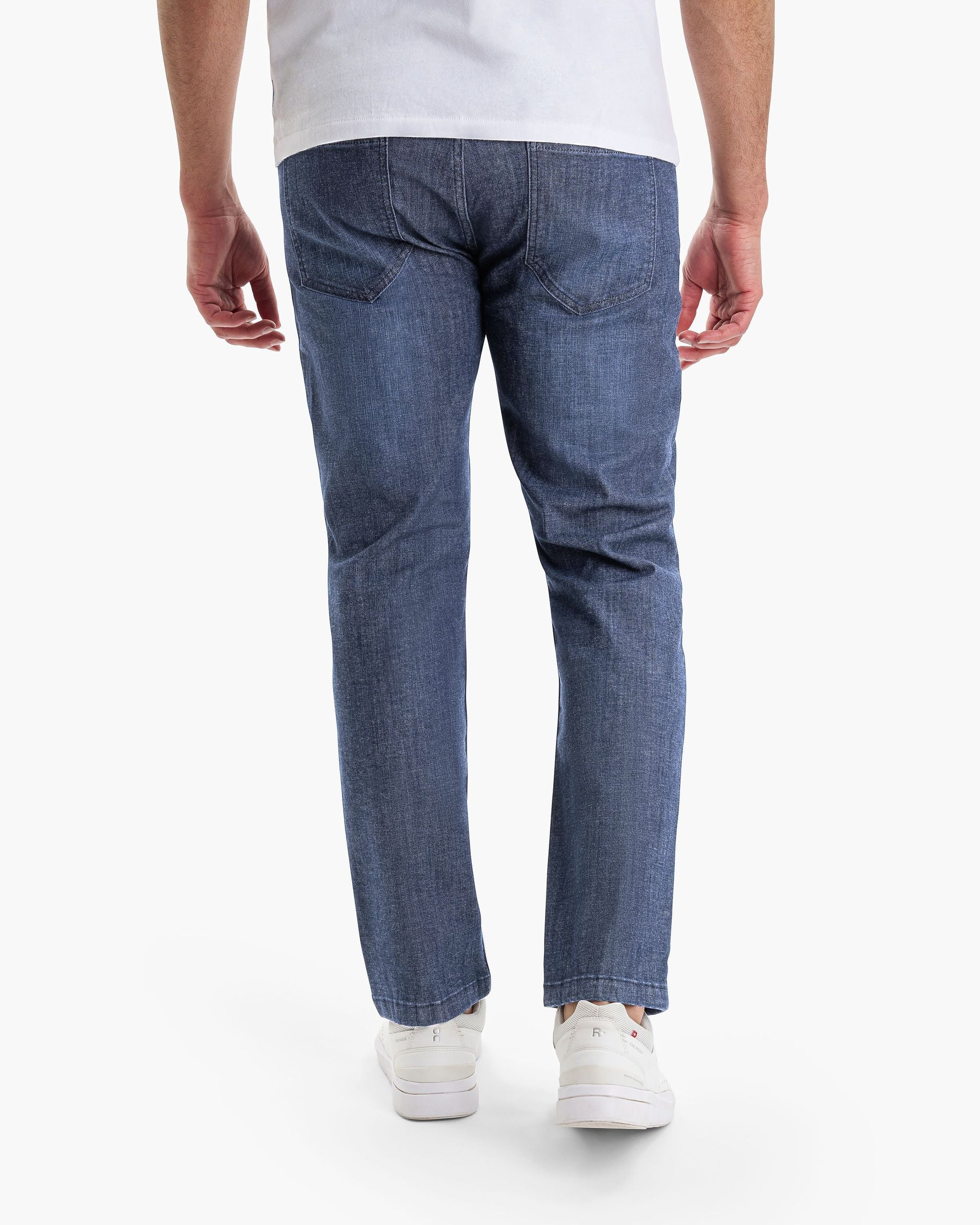 Model wearing Fultons Coolmax jeans, showing fit and style.