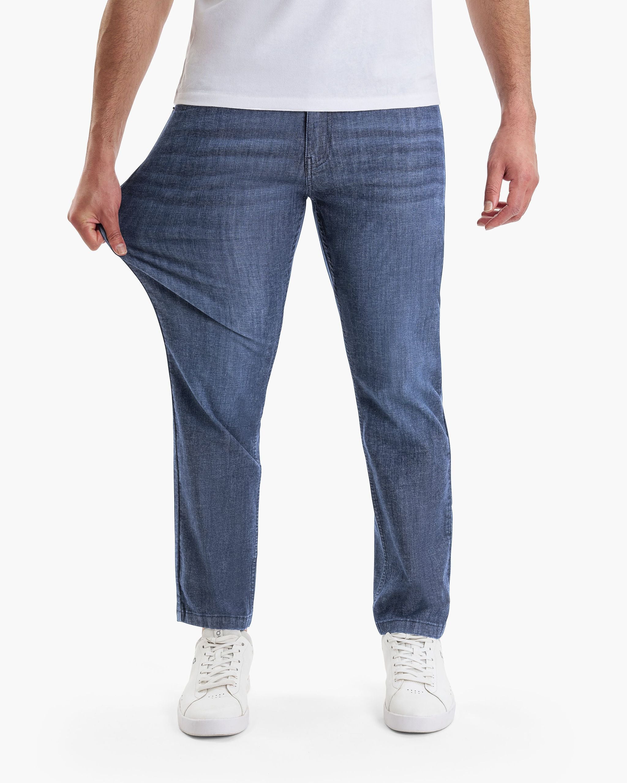 Model wearing Fultons Coolmax jeans, showing fit and style.