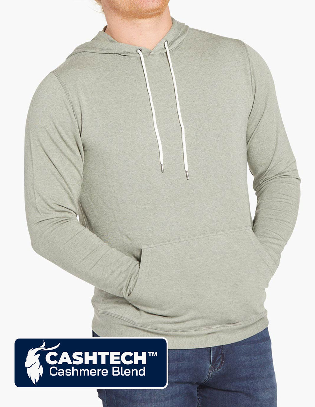 Model wearing a Cashtech hoodie in pine green color