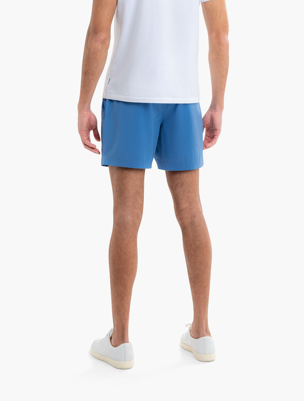 Rear view of Pacifics blue swim shorts on model showing textured fabric, built-in liner and 6 in inseam on white background