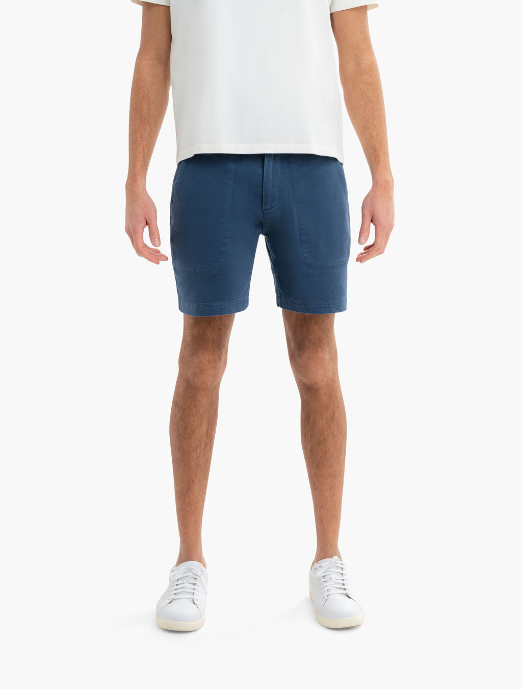 Front view of Atlantics chino shorts on model showcasing mid-thigh length and relaxed fit on white background