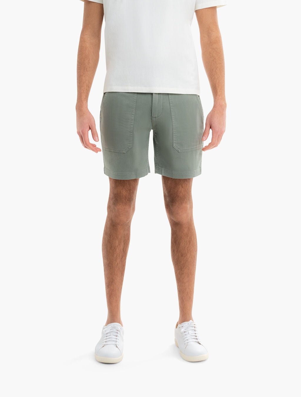 Front view of Twill Drawstring Shorts in Seagrass, relaxed fit on model, with drawstring waist and front pockets