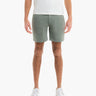 Front view of Twill Drawstring Shorts in Seagrass, relaxed fit on model, with drawstring waist and front pockets