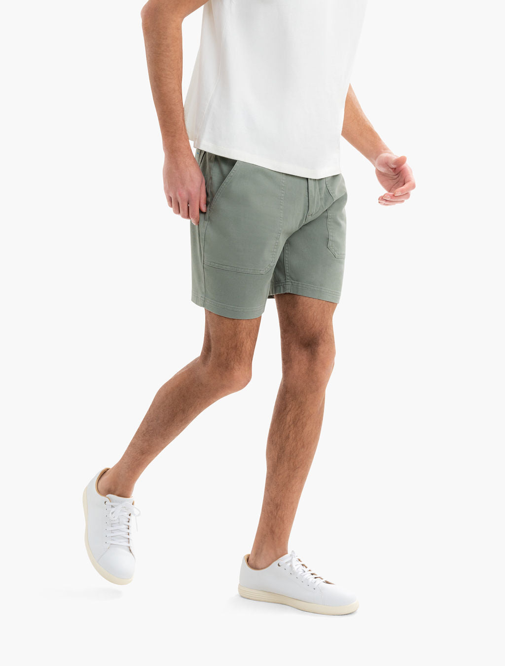 Three-quarter view of Twill Drawstring Shorts in seagrass showcasing drawstring waist and patch front pockets on white background
