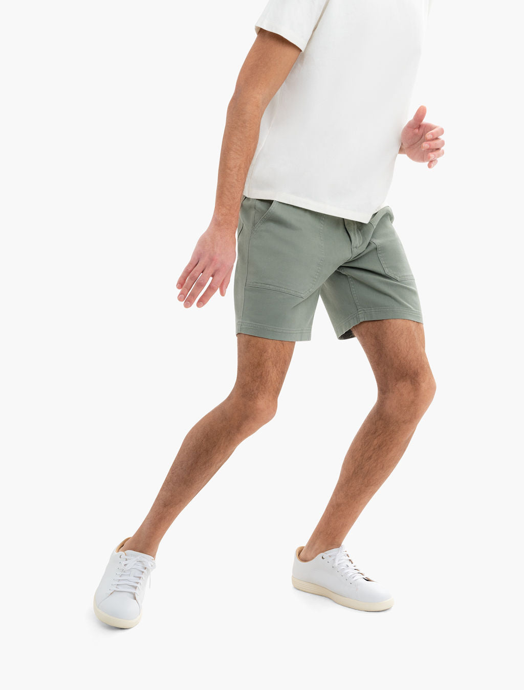 Three quarter side view of twill drawstring shorts in seagrass showing patch pockets and drawstring waist on white background