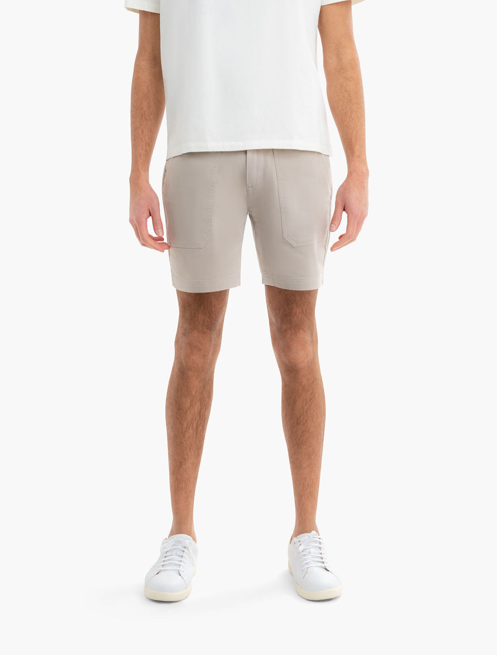Front view of Twill Drawstring Shorts in Beachwoods with front patch pockets and mid-thigh fit on model against white background