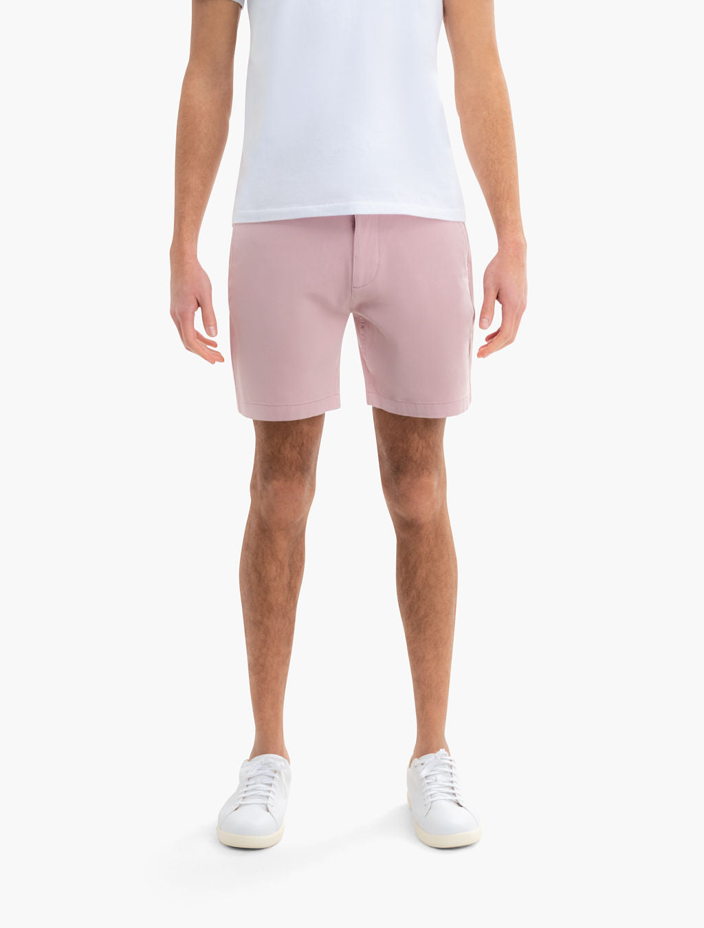 Front view of Chino Shorts in Fox Runs (light pink) showcasing mid-thigh length and tailored fit on model with white background