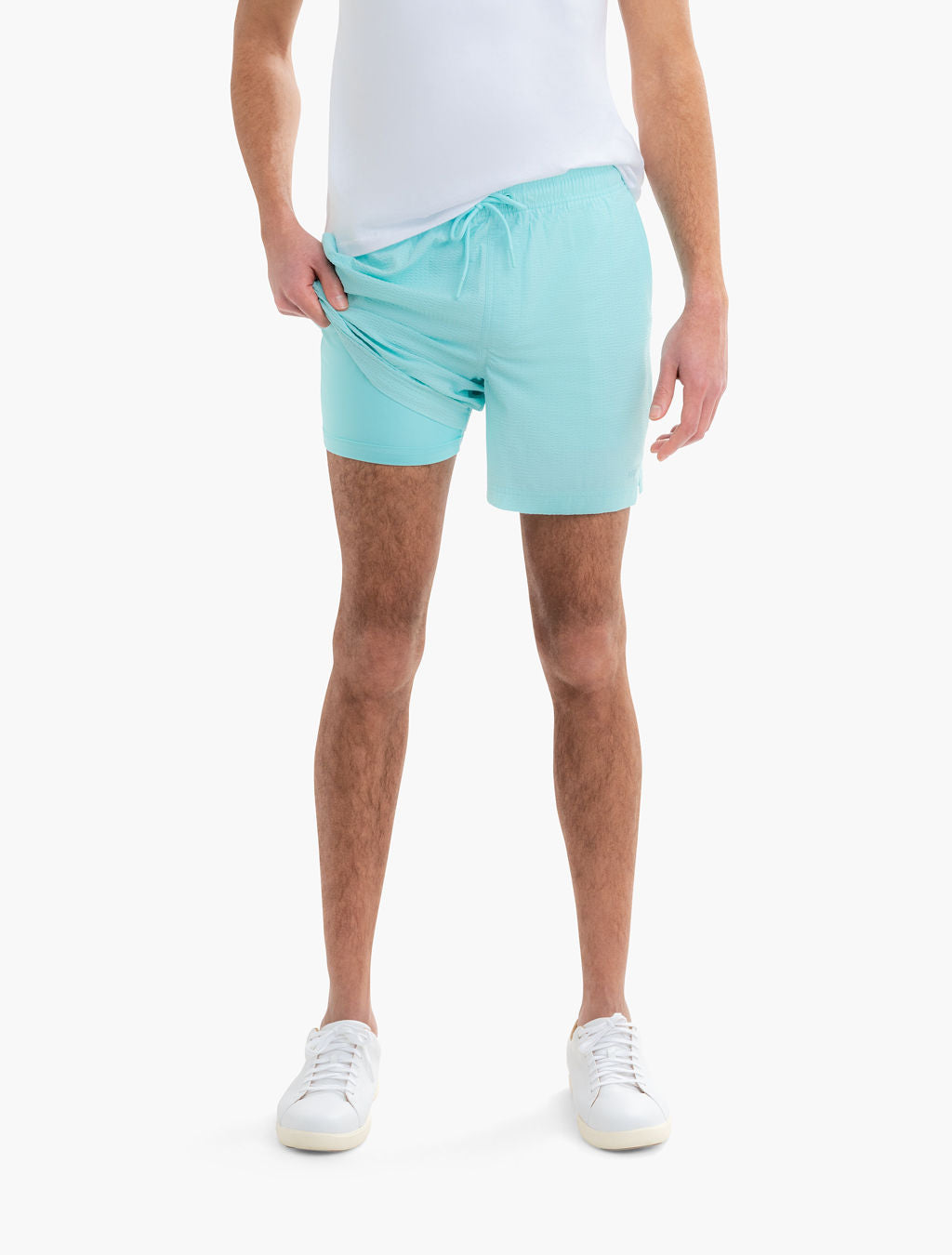 Front view of men's Glaciers swim trunks showing drawstring waistband and stretch fabric on white background