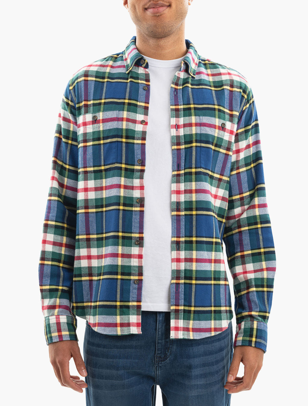 Man wearing blue, green, red plaid button-up shirt over white tee, front view cropped at chin and hips.