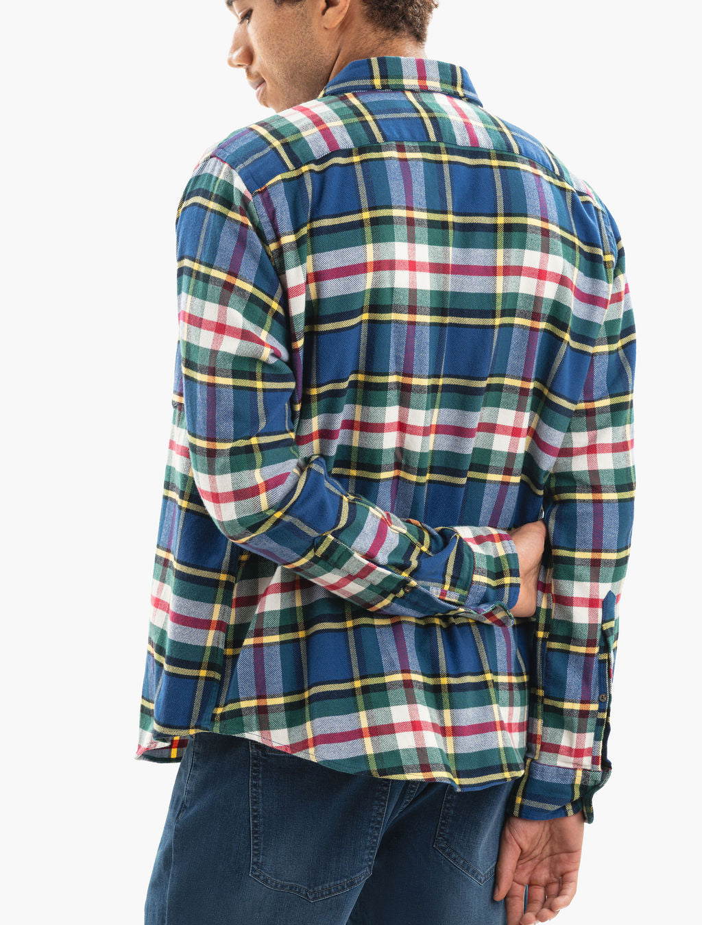 Back view of person wearing blue, green and red plaid flannel shirt and denim jeans, hand behind back