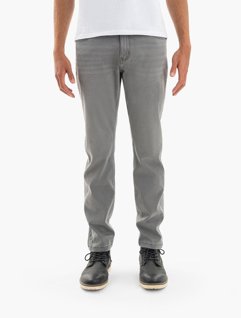 Men's gray straight-fit jeans, full-length from waist to shoes, paired with black lace-up boots.
