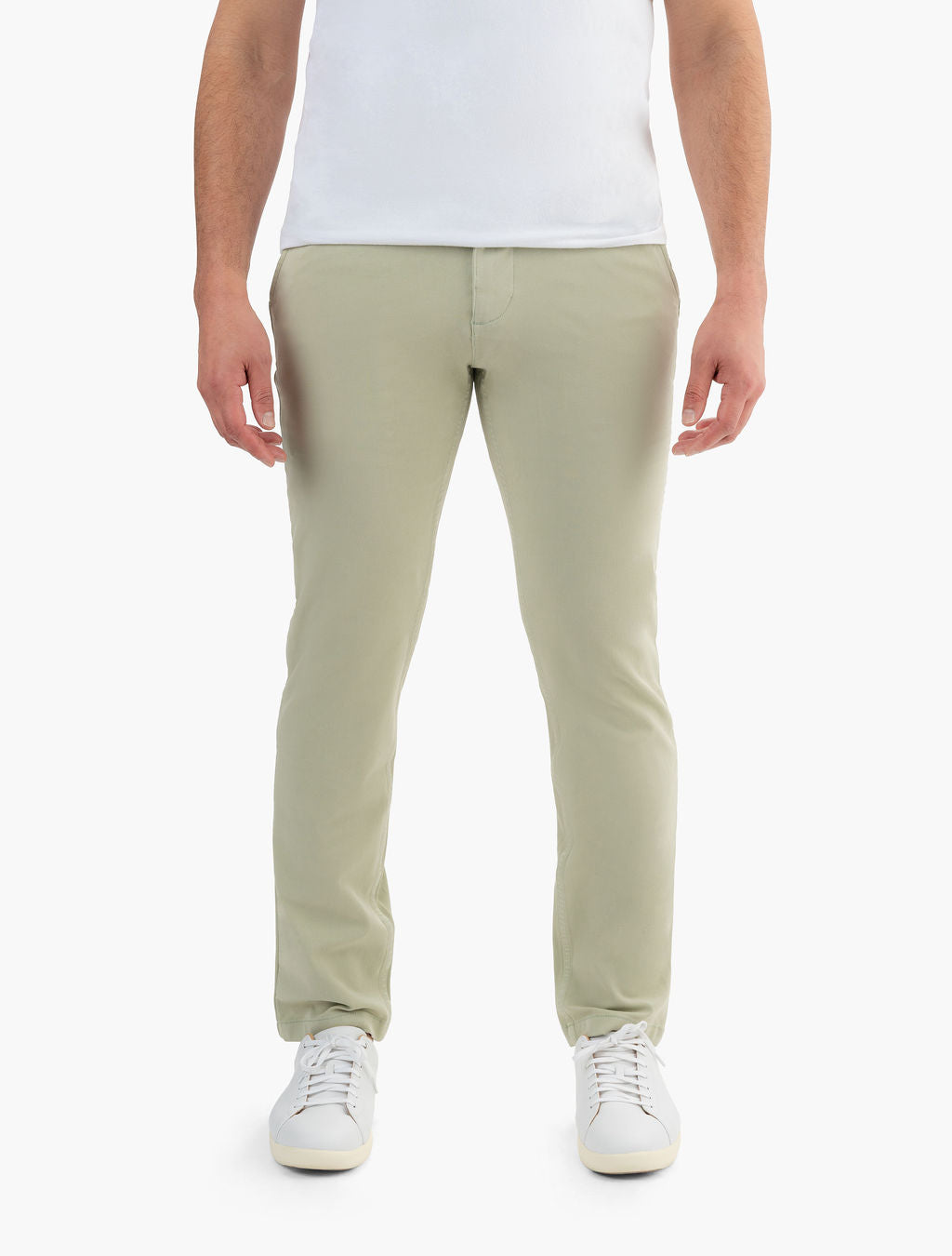 Front view of Classic Chinos in Willows green showcasing slim fit and mid-rise on model with white background