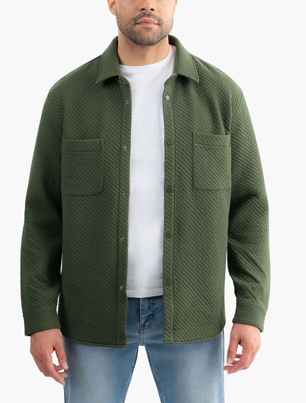Front view of Huntsmans shacket in olive with diagonal quilted texture, chest patch pockets and snap buttons