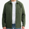 Front view of Huntsmans shacket in olive with diagonal quilted texture, chest patch pockets and snap buttons