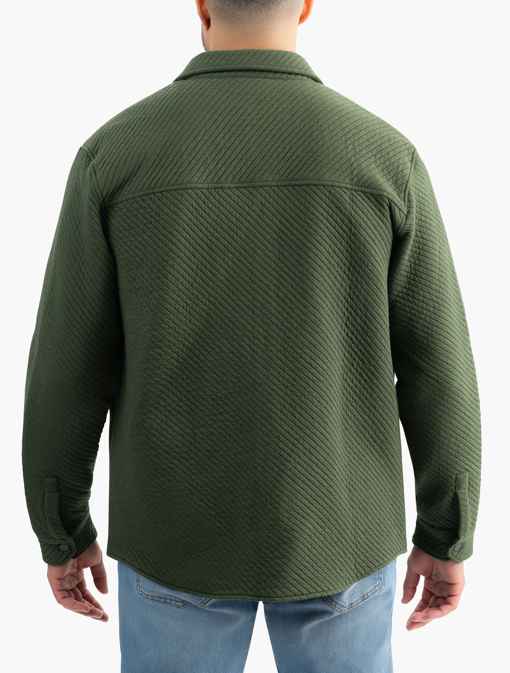 Rear view of Diamond Knit Shacket in Huntsmans green with diagonal knit texture, collar and curved hem on white background