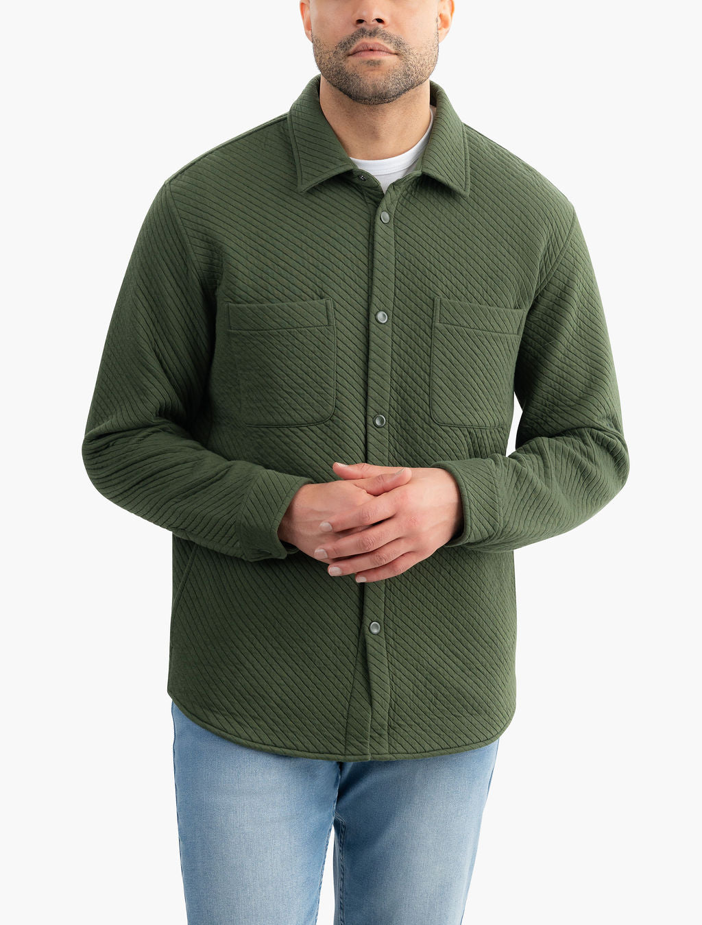 Front view Diamond Knit Shacket in Huntsmans green showing quilted texture, snap-front closure and chest pockets on model