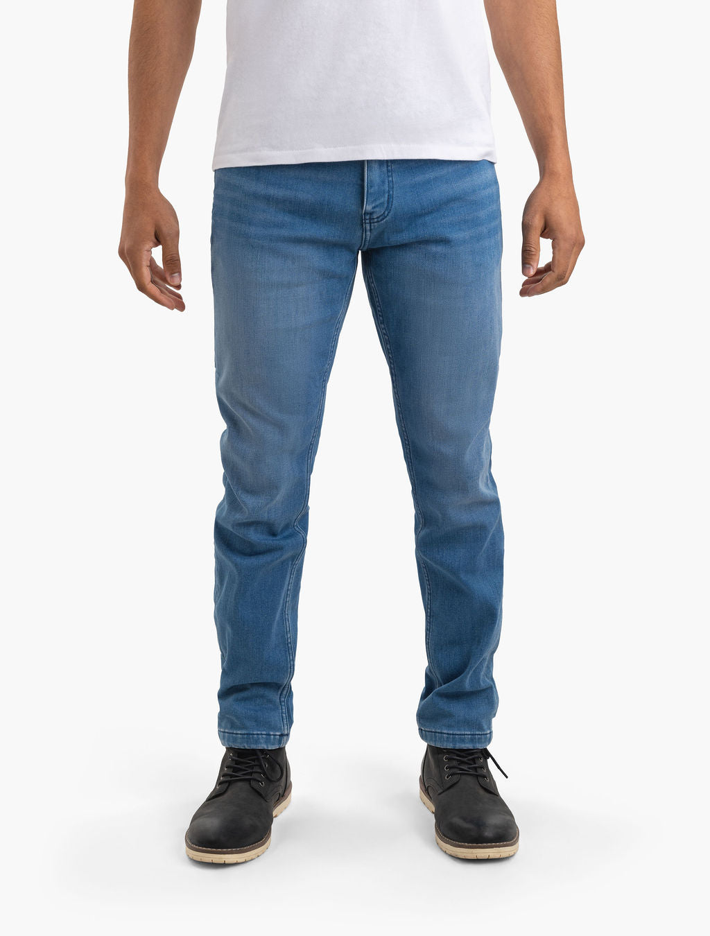 Men's light-blue straight-fit jeans (waist to shoes) on model wearing black lace-up boots