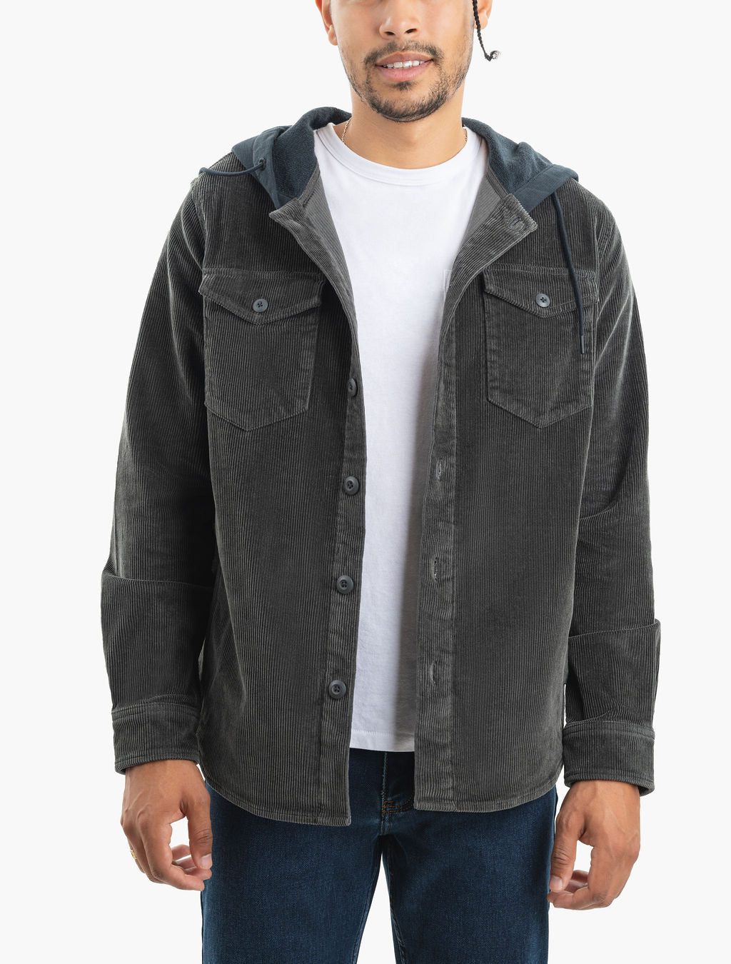 Man wearing charcoal corduroy button-front shirt with hood over white T-shirt, shown from shoulders to hips.
