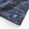 Navy-and-gray marled knit beanie corner with small blue embroidered 'M' logo