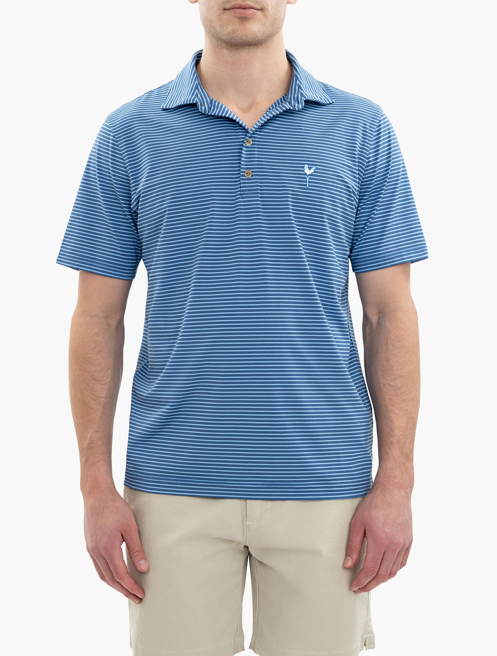 Man wearing a blue and white striped polo shirt with a small white rooster logo on the left chest and beige shorts, shown from neck to mid-thigh.