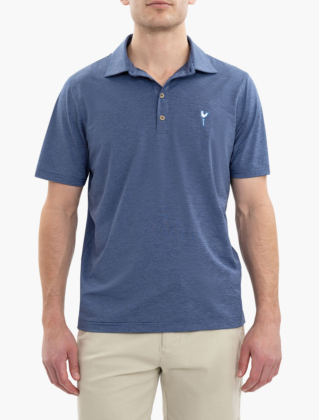 Man wearing a blue striped polo shirt with a small light blue rooster logo on the left chest, paired with beige pants.