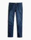 Blue denim jeans laid flat, front view