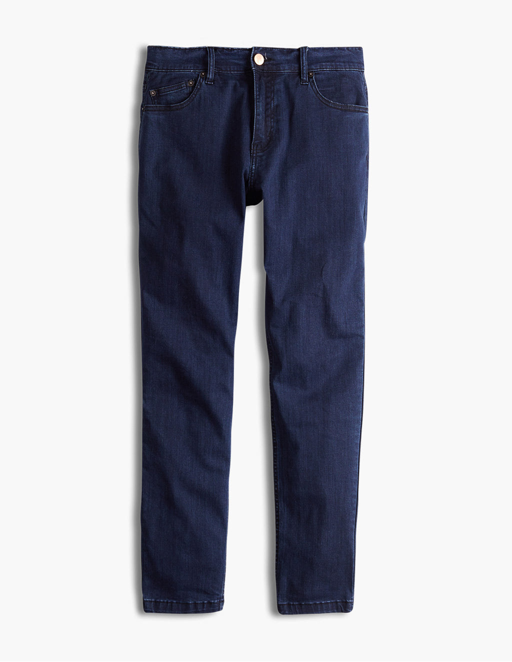 Dark indigo straight‑leg jeans with five‑pocket styling and button closure
