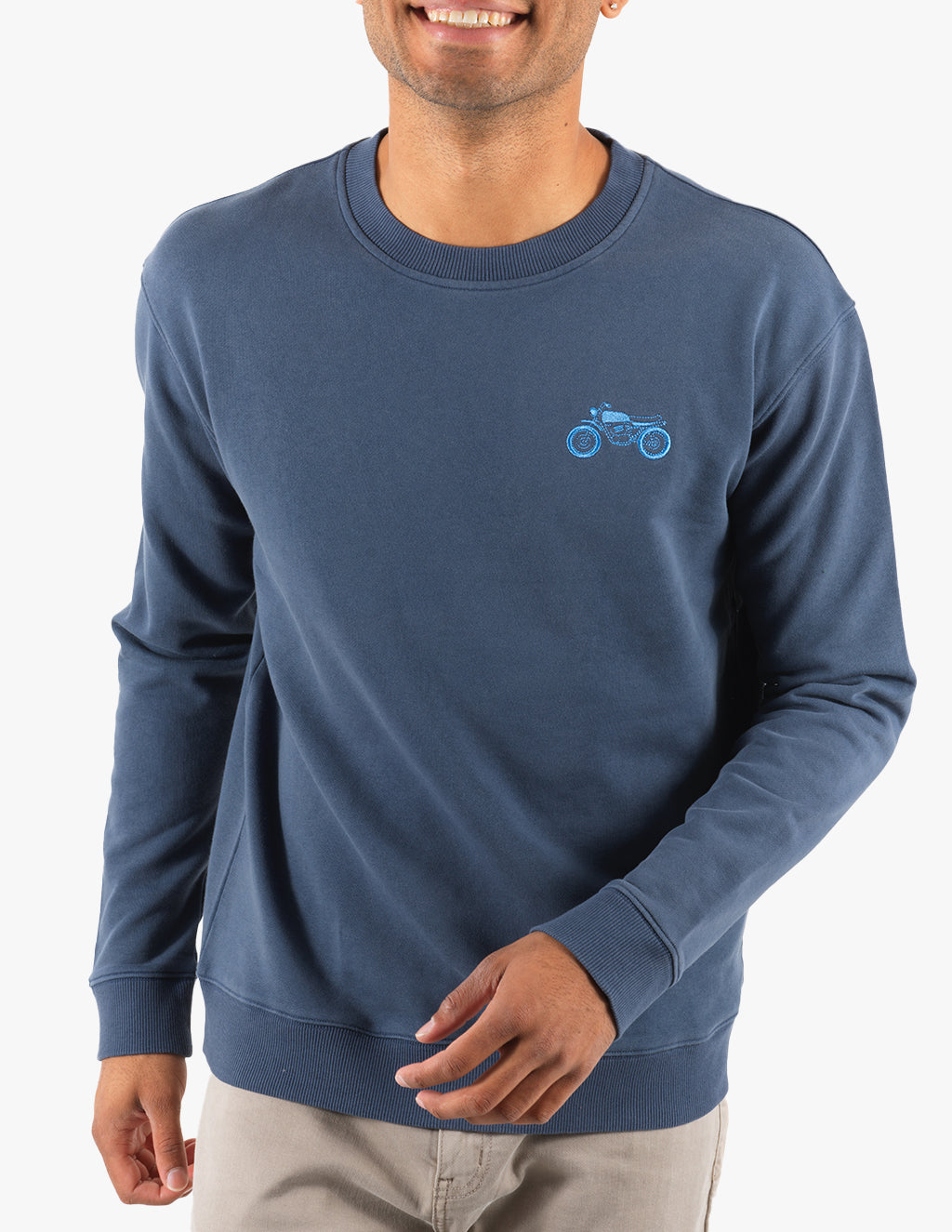 Navy sweatshirt with embroidered Mugsy motorcycle on left chest