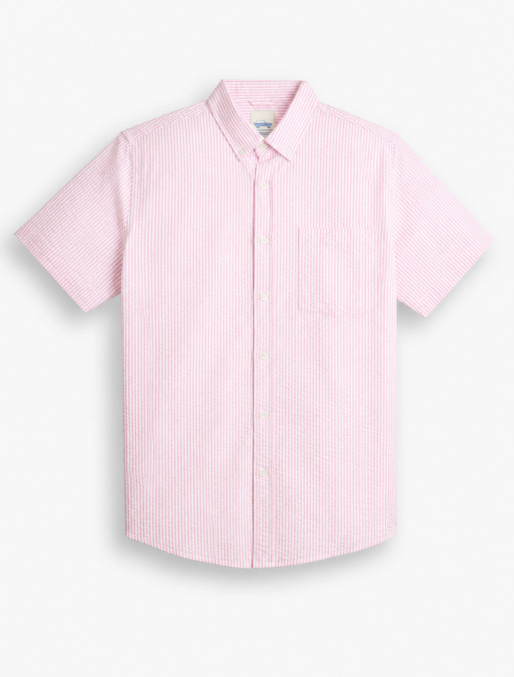 Front flat lay of Narragansetts pink seersucker short-sleeve shirt with button-down collar and chest pocket