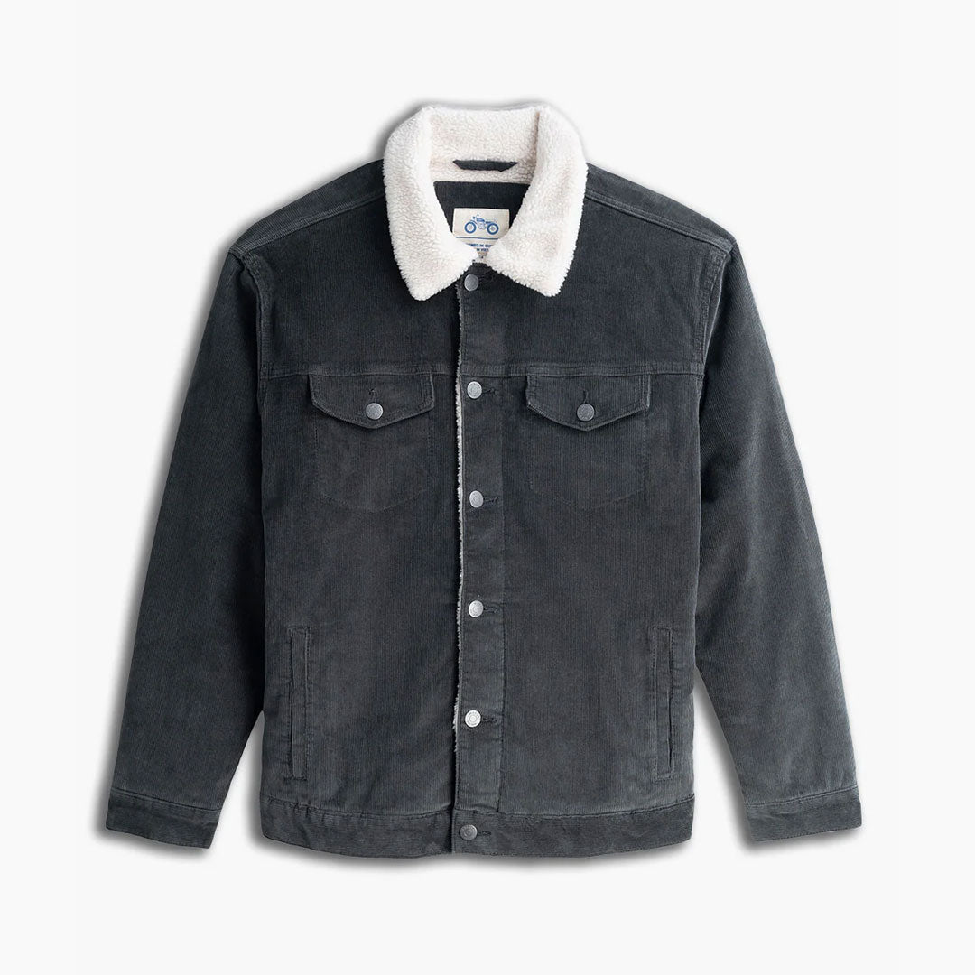 Dark gray corduroy trucker jacket with white sherpa collar, button front, flap chest pockets and welt hand pockets.