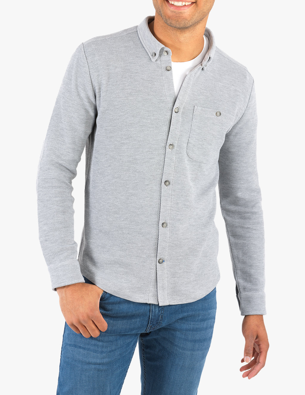 Gray button-down shirt with a pocket, worn by a model